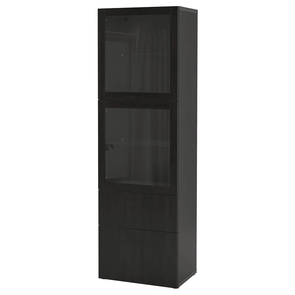Black BESTÅ cabinet, tall with glass doors, displaying and storing items. Modern, sleek design for organisation.
