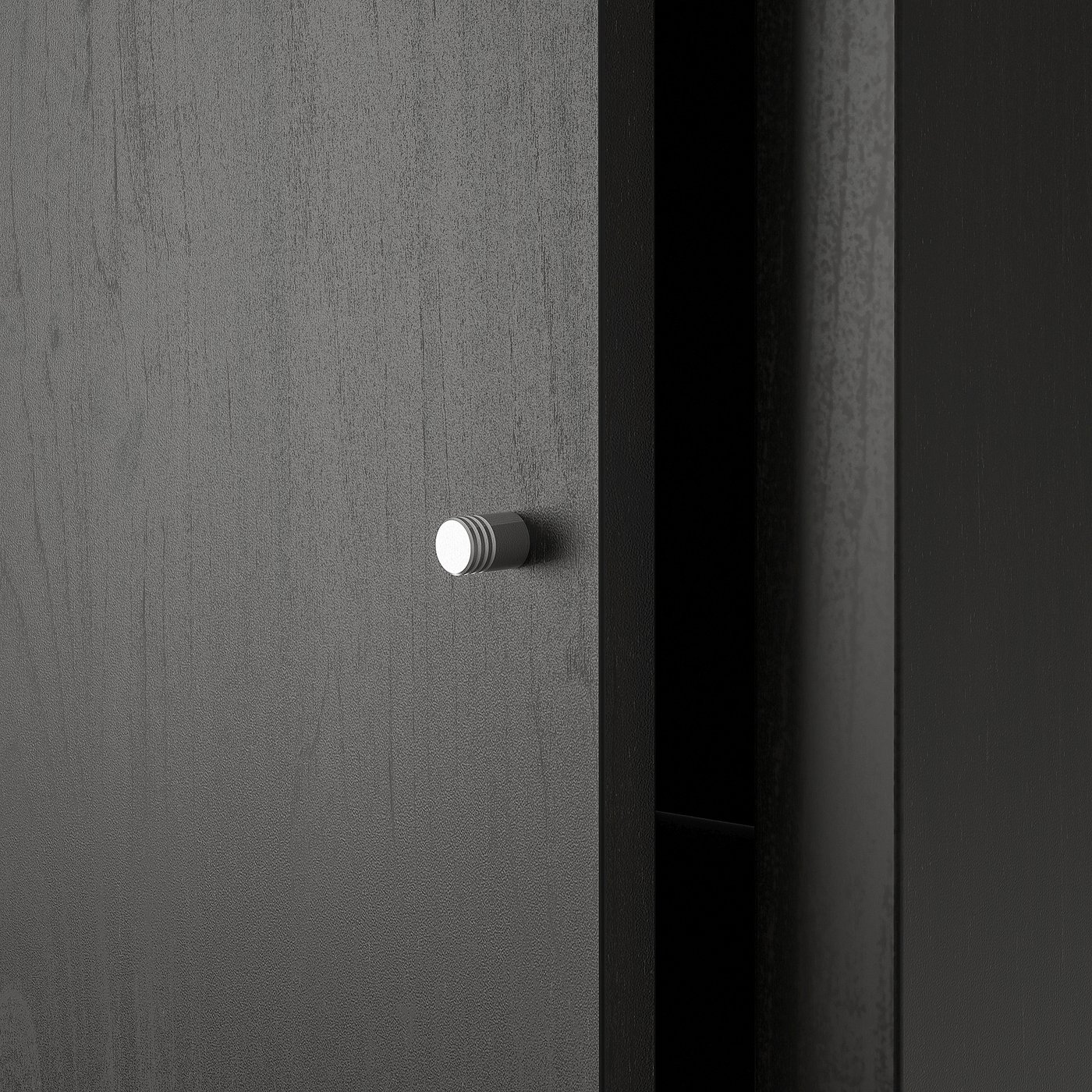 Minimalist door with sleek, circular modern handle; smooth, dark finish.