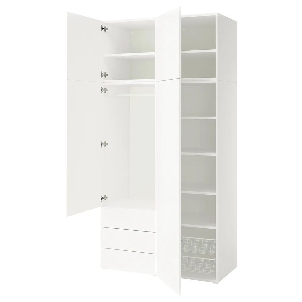 A white PLATSA storage cabinet with open doors and multiple shelves inside.