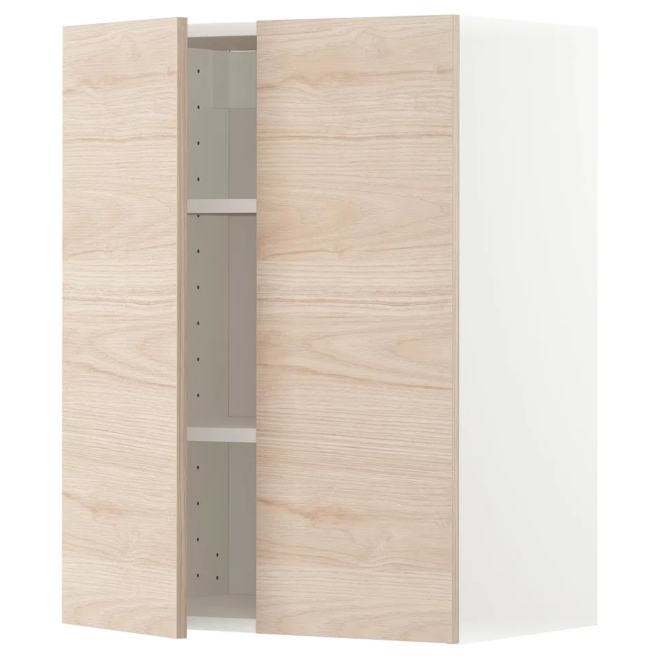 A METOD kitchen cabinet with light ash wood pattern doors. It has an open section revealing inner shelves.