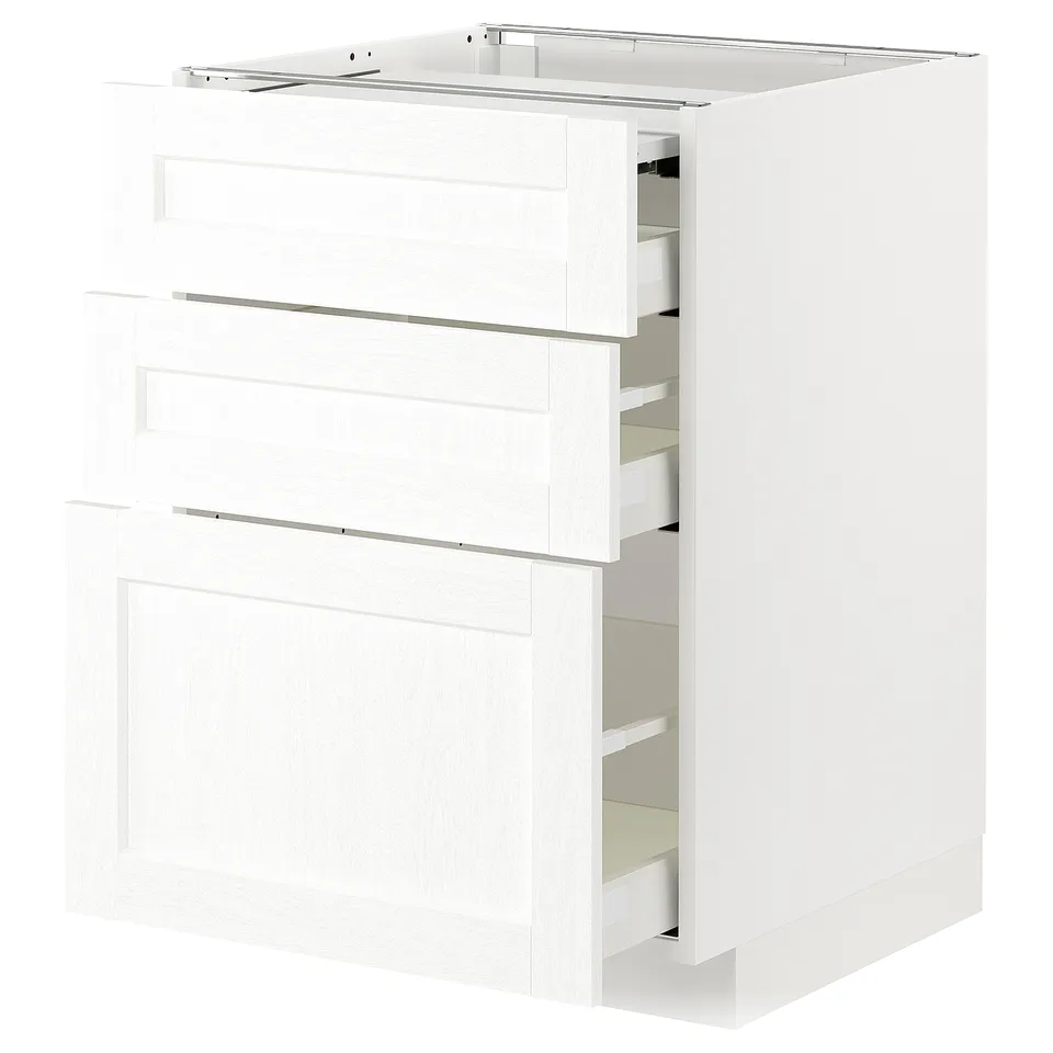 White METOD kitchen cabinet with three drawers and grain texture.