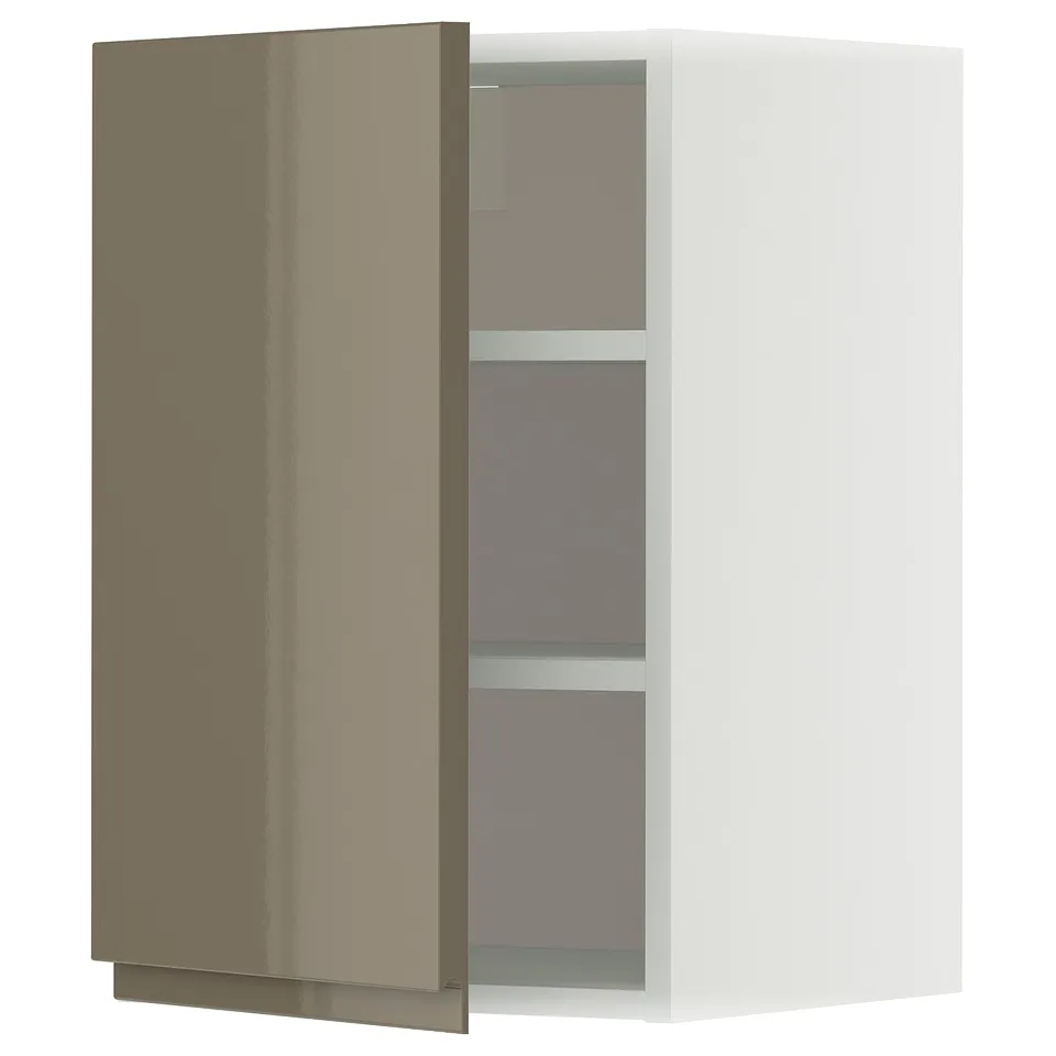 Modern kitchen cabinet, high-gloss dark grey-brown with sleek handle, offering storage with adjustable shelves.