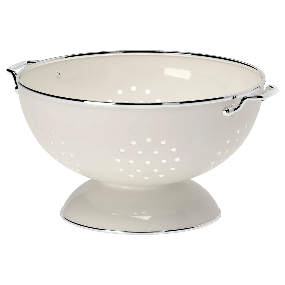 GEMAK white enamel colander, chrome handles, round shape.