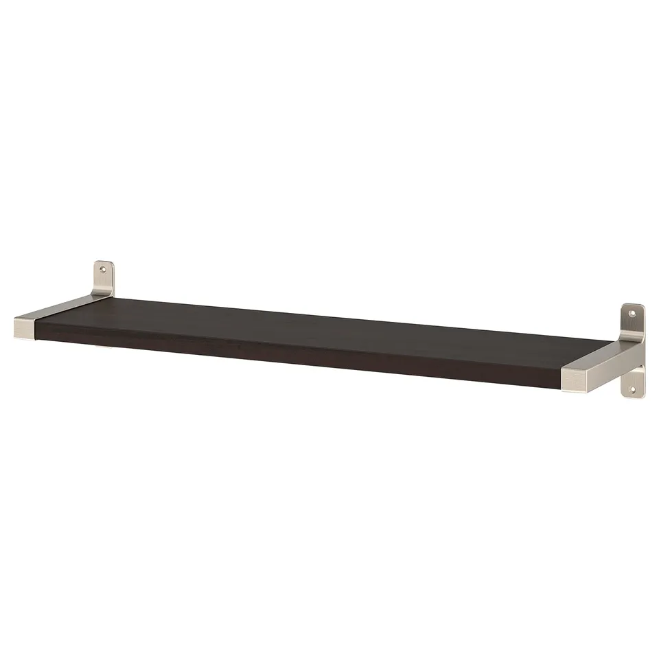 A modern BERGSHULT wall shelf, black in colour, with a bevelled edge and metallic brackets on either side.