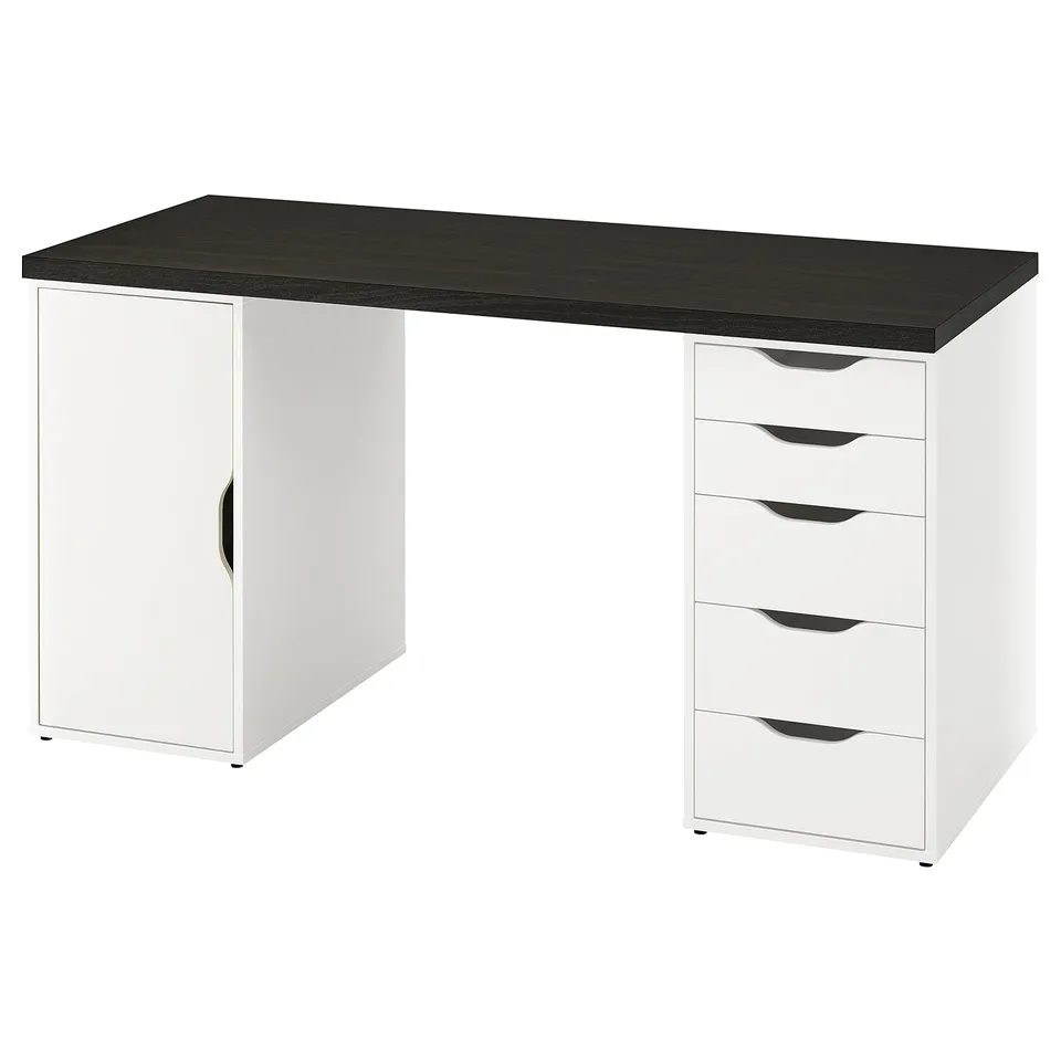 LAGKAPTEN desk: white & black, rectangular, modern design, wooden with drawers & cabinet.