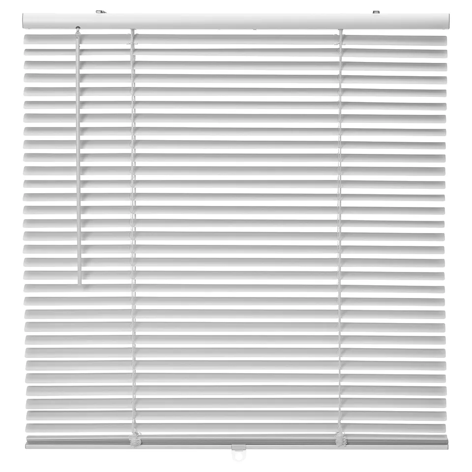 VECKLARFLY white aluminium blinds: modern, safe design with cordless, adjustable slats for light control.