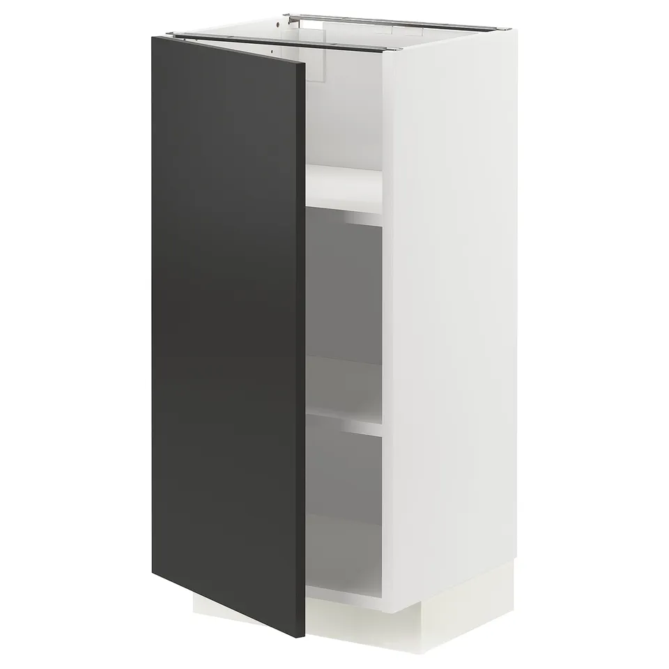 Modern white METOD kitchen cabinet with matte black door, rectangular shape, and adjustable shelves.