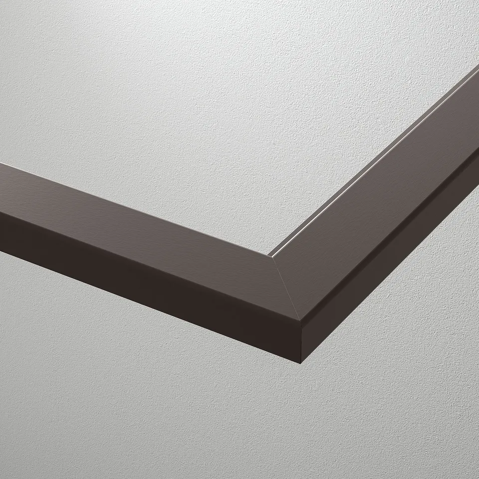 Grey glass shelf with sleek, modern frame, ideal for displaying items.