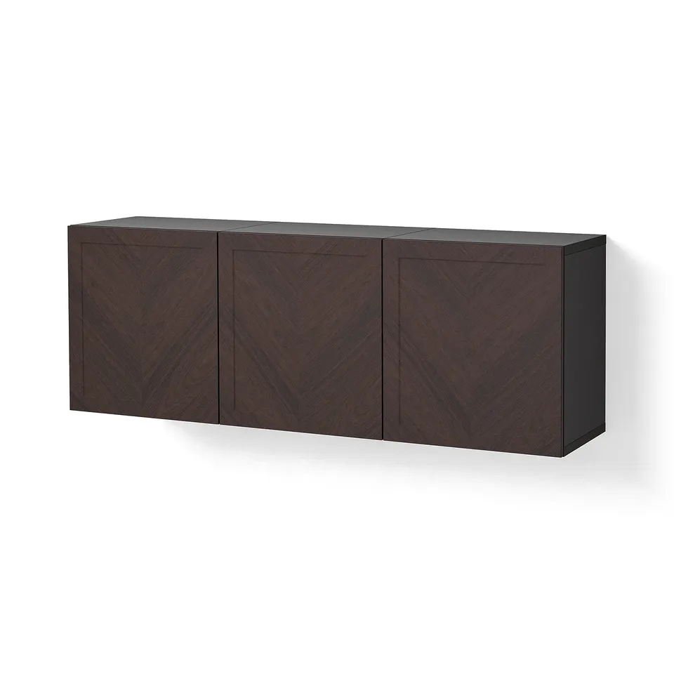 BESTÅ Wall-mounted cabinet combination, black-brown Hedeviken/dark brown stained oak veneer, 180x42x64 cm