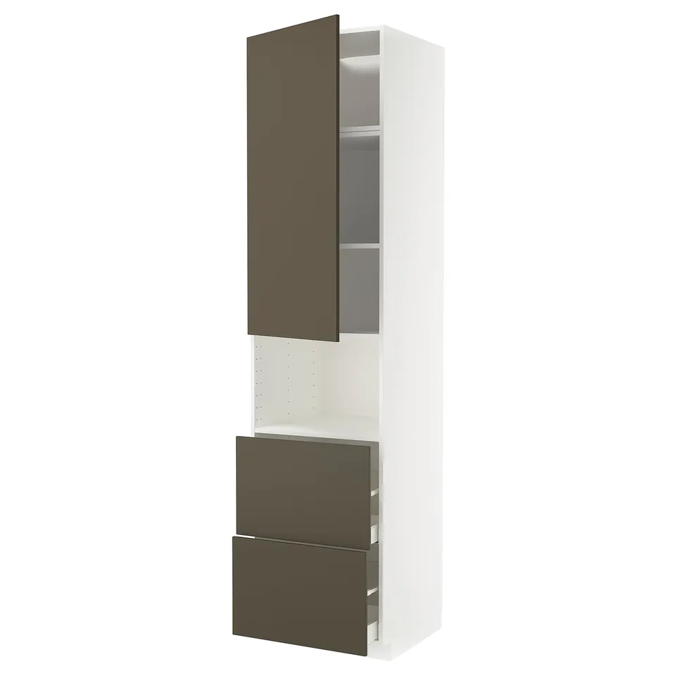 Dark brown ikea METOD kitchen unit with drawers and shelves against white background.