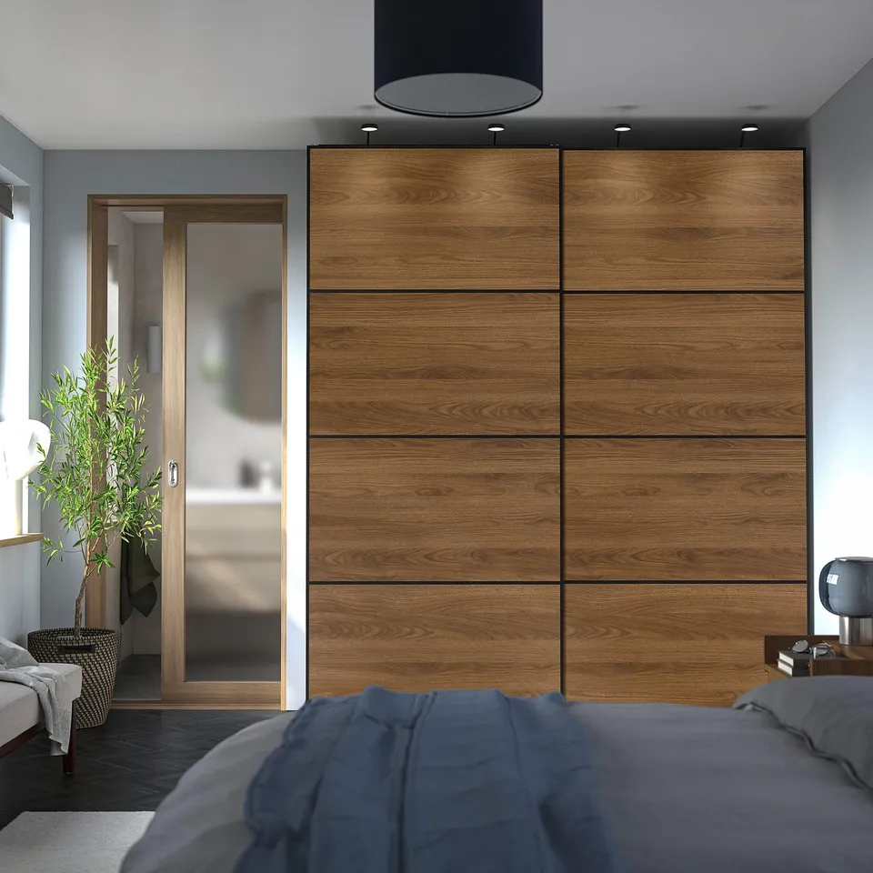 PAX / MEHAMN Wardrobe with sliding doors, dark grey black/double sided walnut, 200x66x236 cm