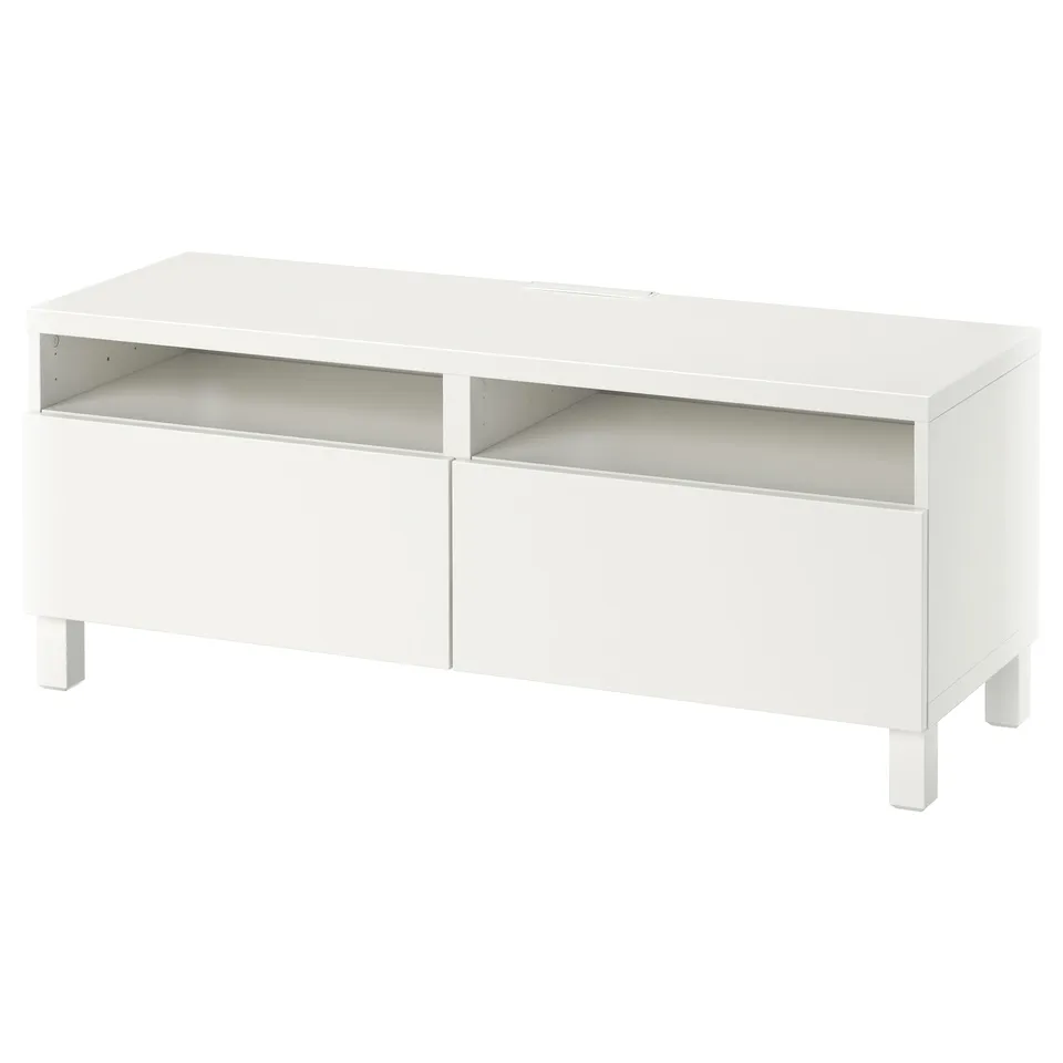 BESTÅ tv bench with drawers & open shelves.