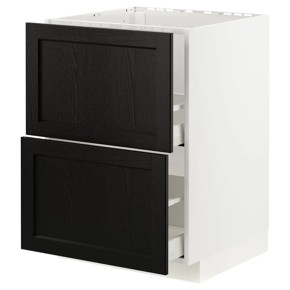 Modern METOD kitchen cabinet with 2 black-stained wooden doors, white frame, smooth drawers.