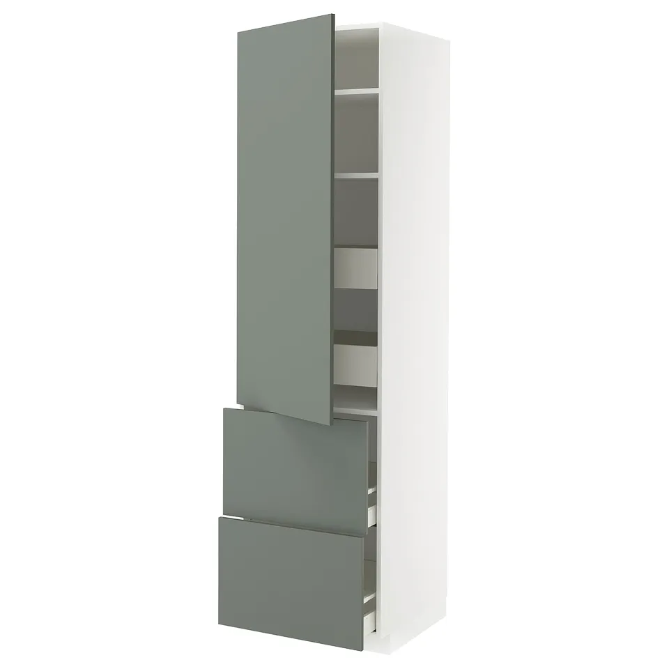 Modern tall kitchen cabinet in grey-green with adjustable shelves and drawers.