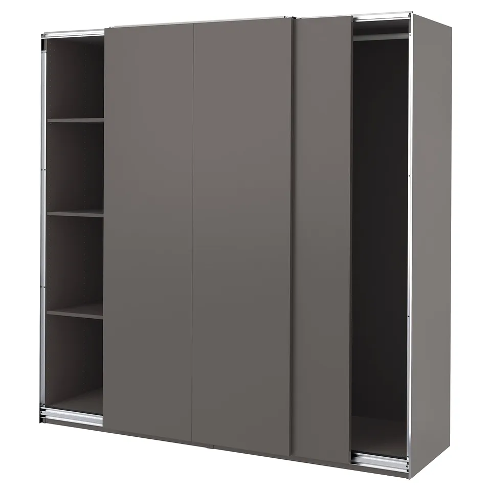Gray ikea PAX wardrobe with sliding doors, 3 sections, particleboard, top shelves open.