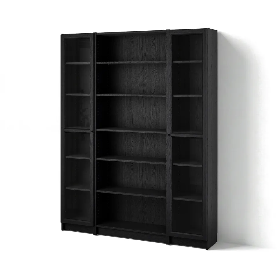 Black wooden BILLY bookcase with glass doors, shallow shelves, and a simple design.