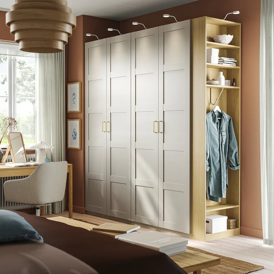 PAX / BERGSBO Wardrobe combination, grey-beige grey-beige/oak effect, 220x60x236 cm