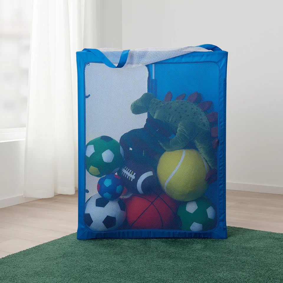 Blue mesh ball storage holds various sports balls, easy to move and store.