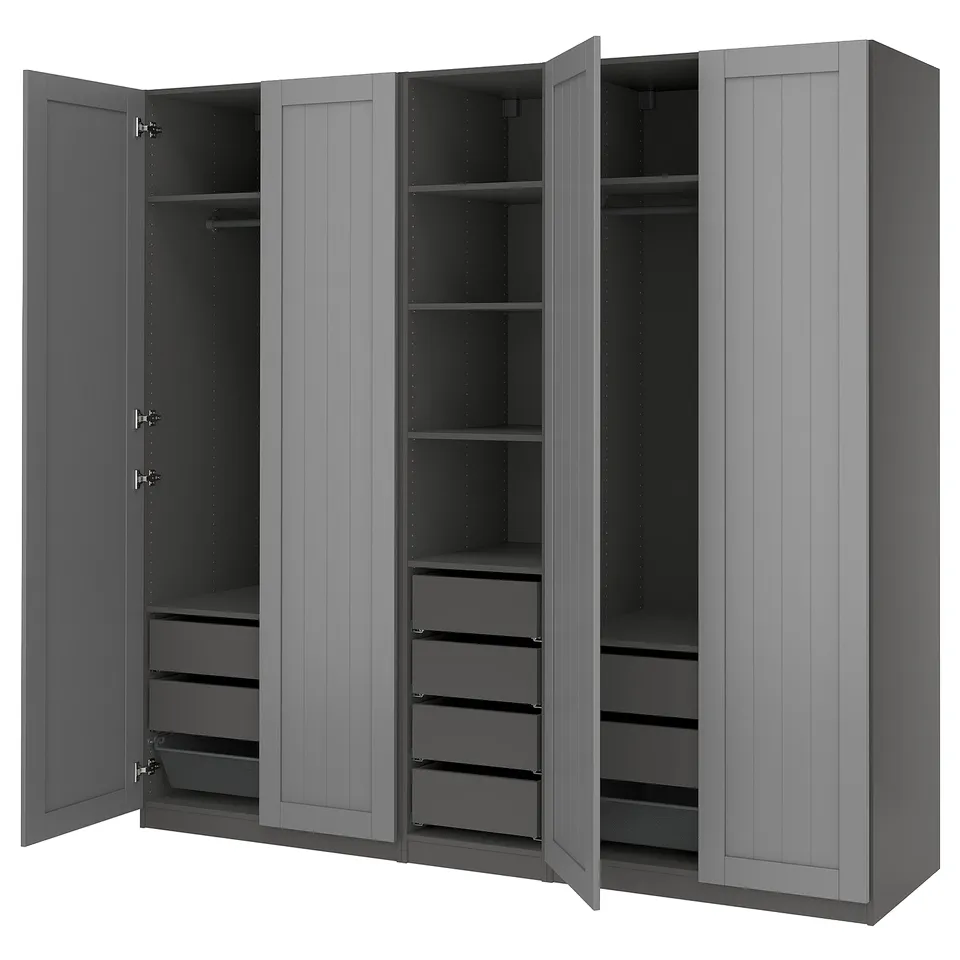 A grey PAX wardrobe with multiple storage compartments including shelves and drawers.