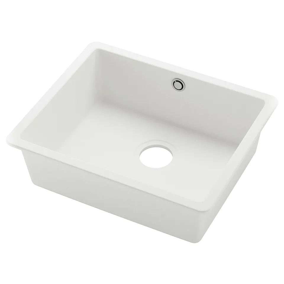 A KILSVIKEN quartz sink in white, rectangular, with a single drain hole and smooth edges.