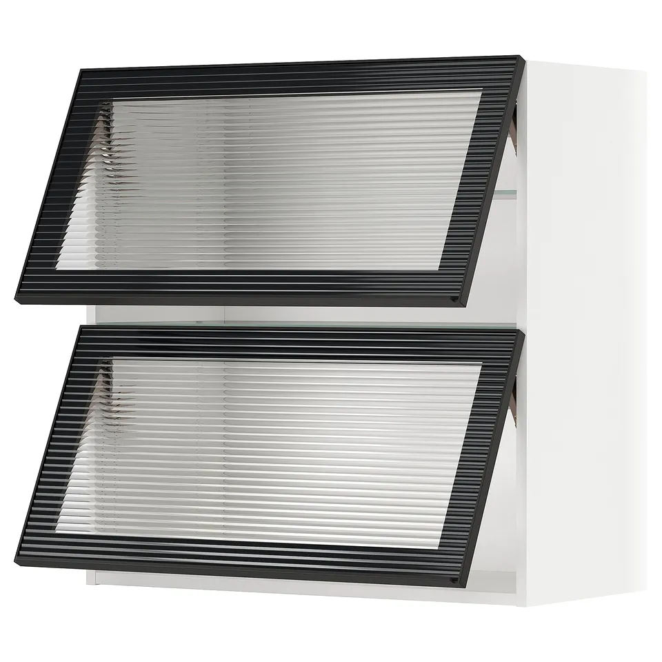 Modern black kitchen cabinet with glass doors and metal frames.