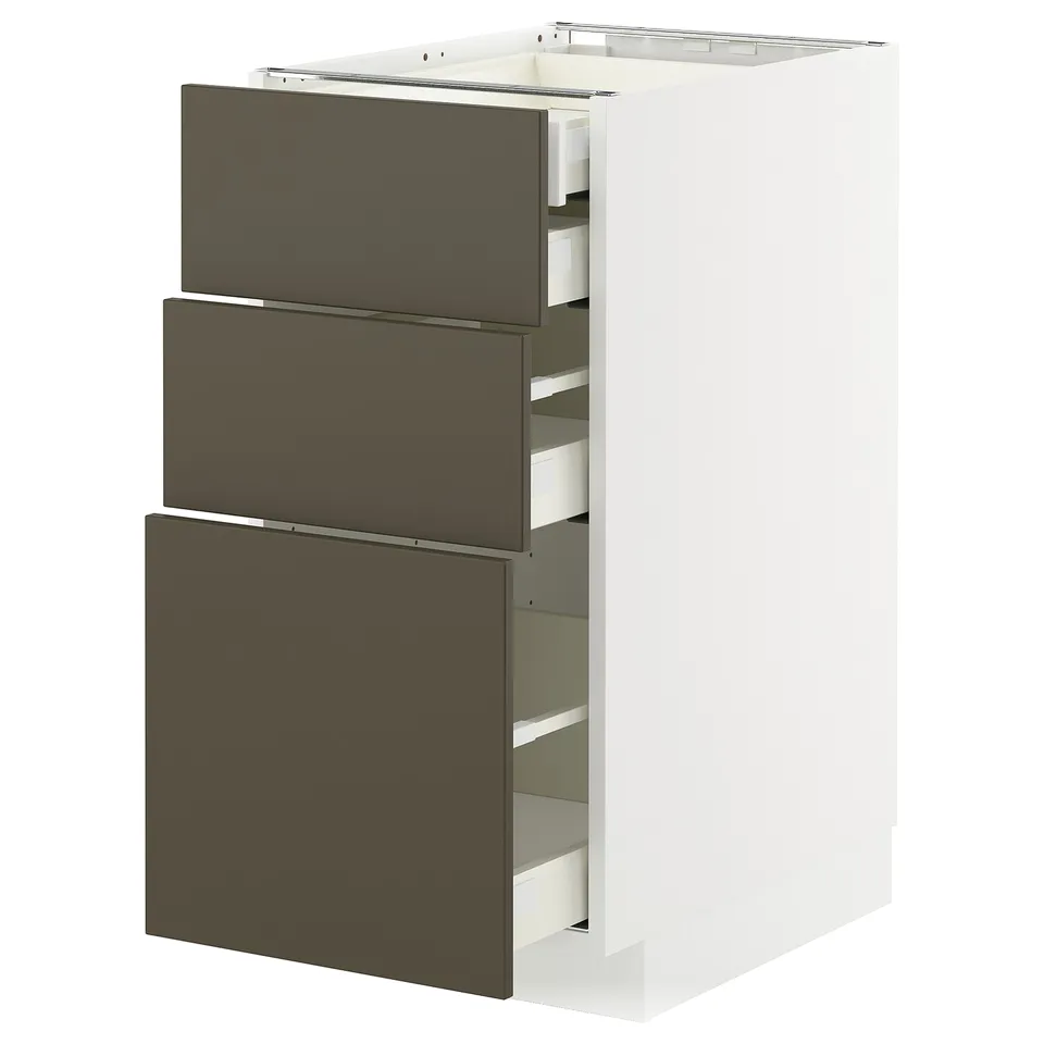 Modern kitchen unit: METOD in dark brown/beige with three drawers and white frame.