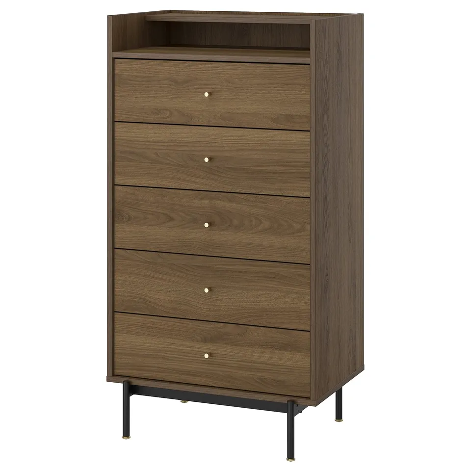 Brown RÅDMANSÖ dresser with 5 drawers, shelf, black legs, brass knobs.