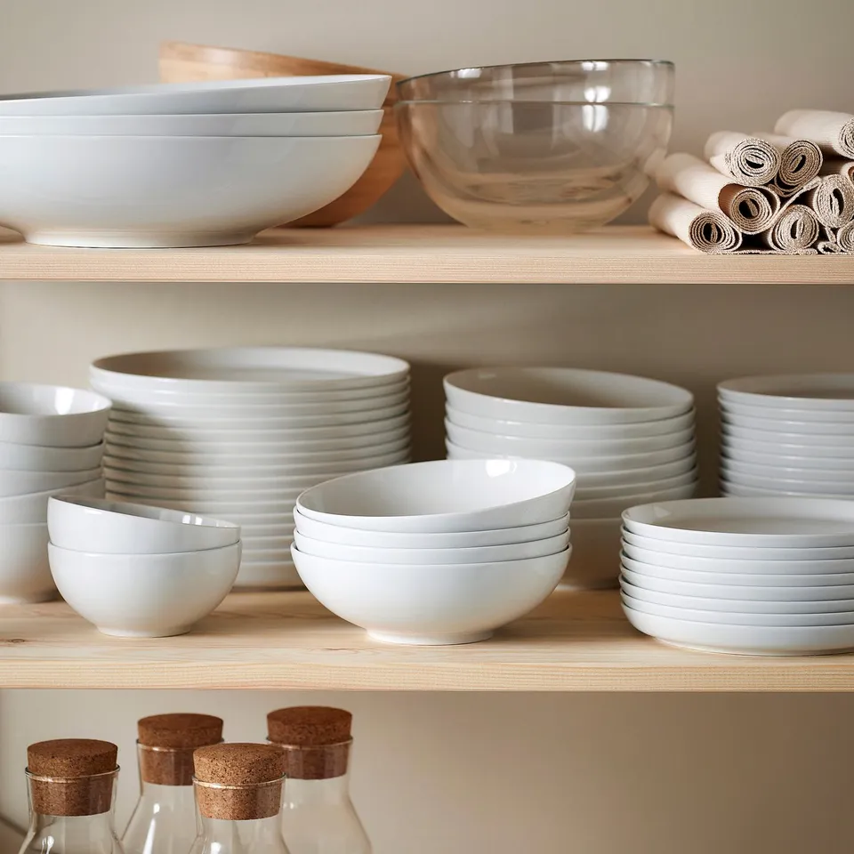 Shelves with stacked white porcelain bowls and plates, neatly organised. Clear glass bowls and rolled napkins are also visible.