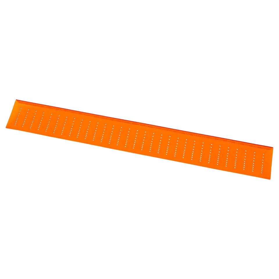 Orange drill template for marking handle positions, made of high-impact polystyrene, rectangular with evenly spaced holes.