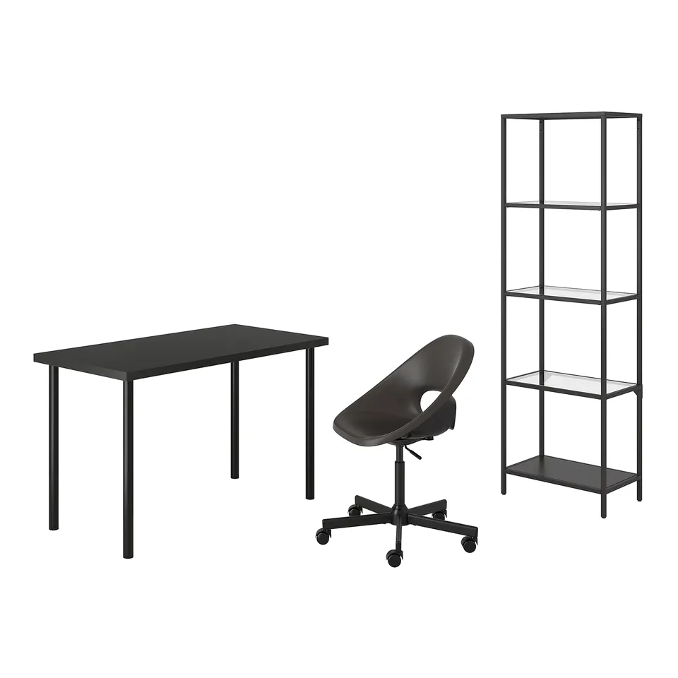 This image a black desk, a black swivel chair, and a tall black and glass bookshelf.