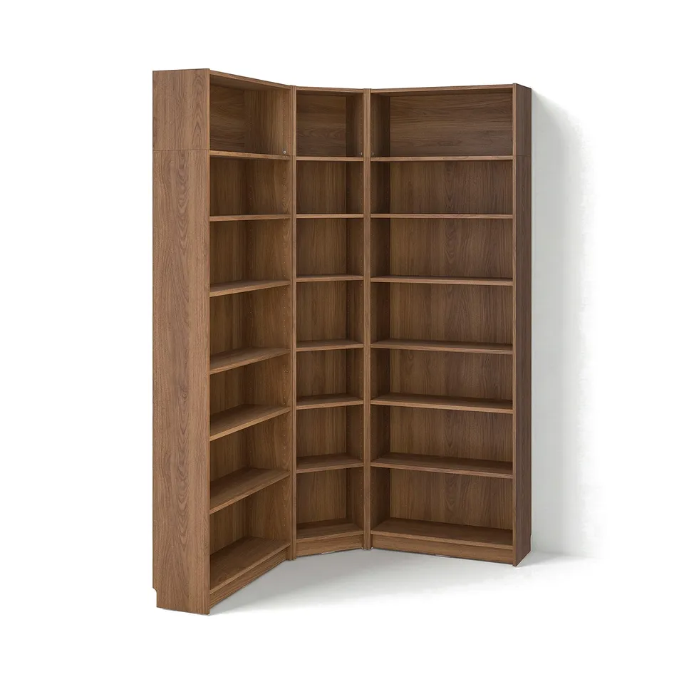 BILLY: brown wooden corner bookcase with multiple shelves, simple & classic design.