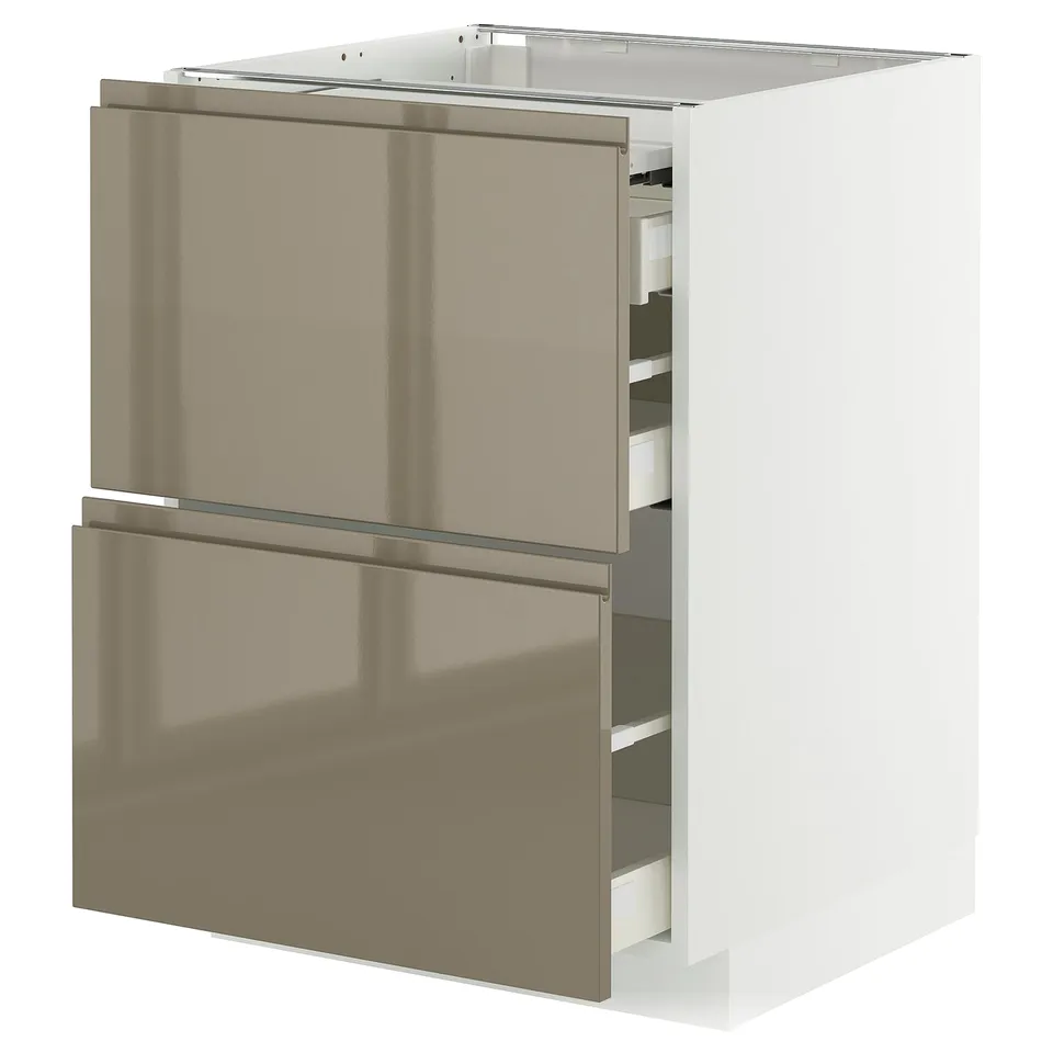 Modern kitchen cabinet, white with gold brown drawers, sleek glossy finish.