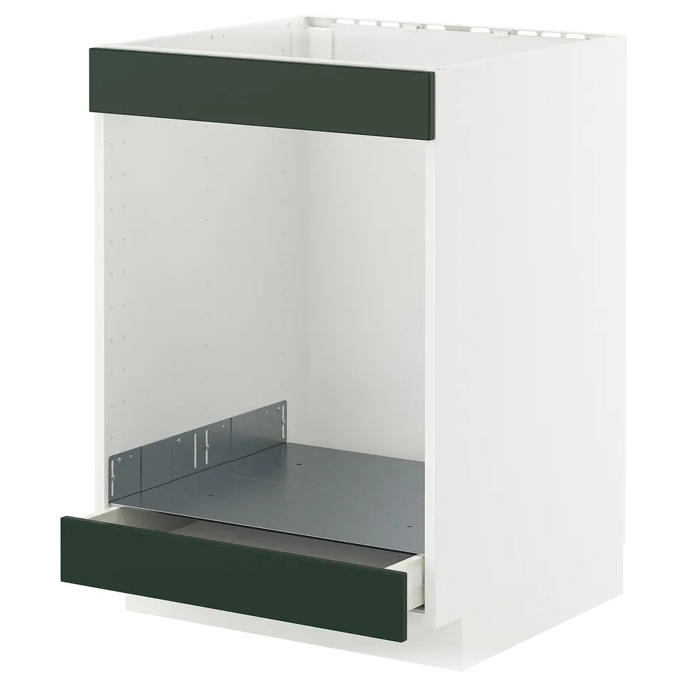 METOD kitchen unit, white with green drawer & top. Square shape, modern design.