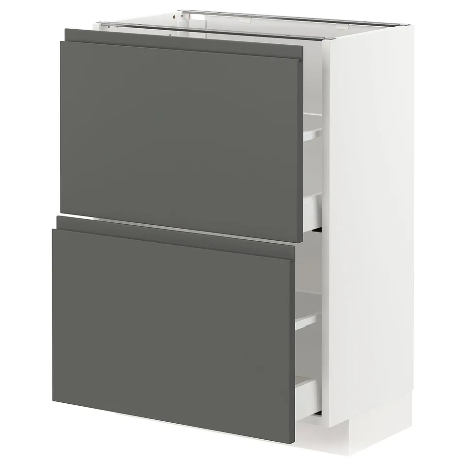 Modern kitchen cabinet, white and dark grey, flat doors, sleek design.