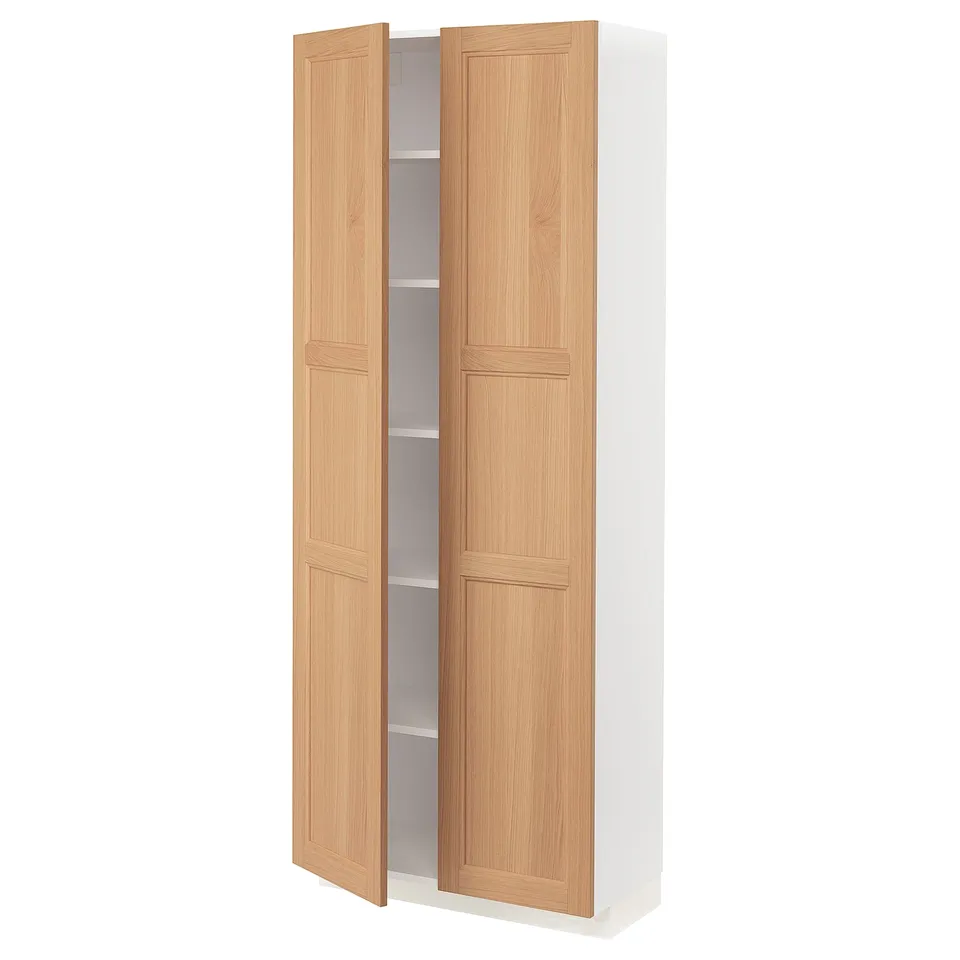 Ikea METOD cabinet, white & oak, tall, 2 doors open revealing shelves.