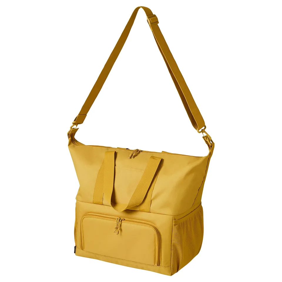 A yellow KLOTPIL bag with shoulder strap, multiple pockets, and insulated compartment for cooling food.
