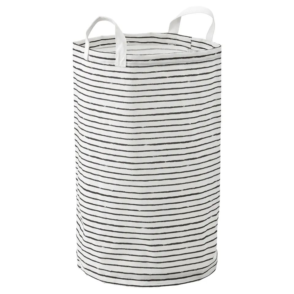 Klanka laundry basket, black/white stripe, oval shape with handles, made from recycled polyester.
