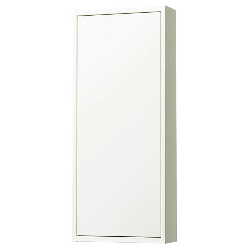 White bathroom wall cabinet with mirrored door & adjustable shelves.