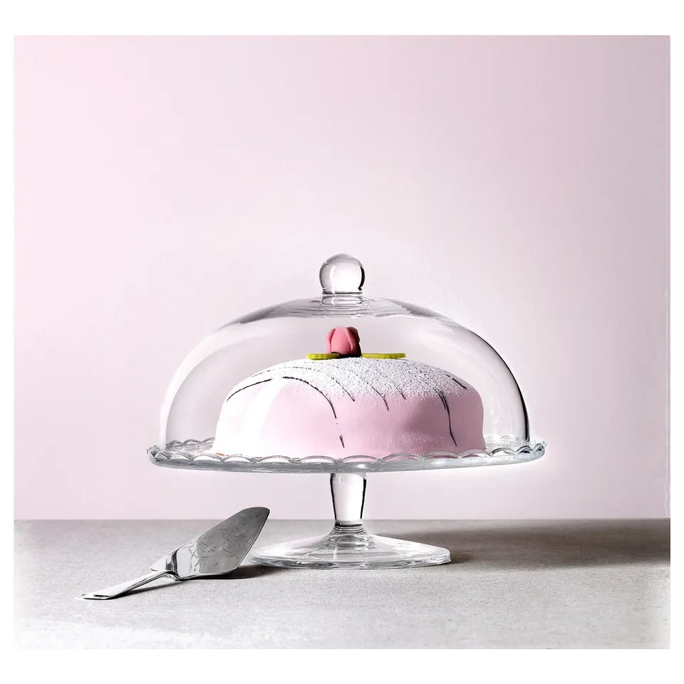 ARV BRÖLLOP glass cake stand with dome lid in clear. Sleek pedestal design, holds cakes, cheeses.