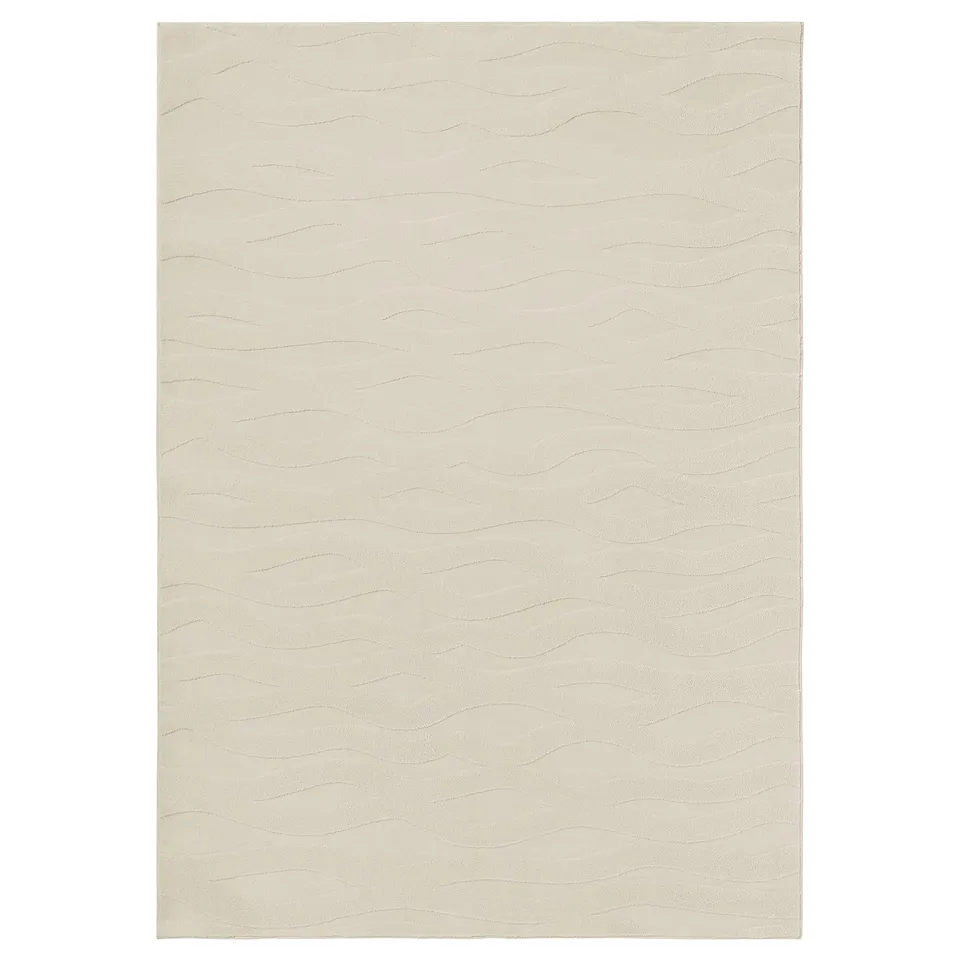 Displays a VÄXELFEL rug in beige, featuring a soft, wavy 3d pattern and recycled polyester material.