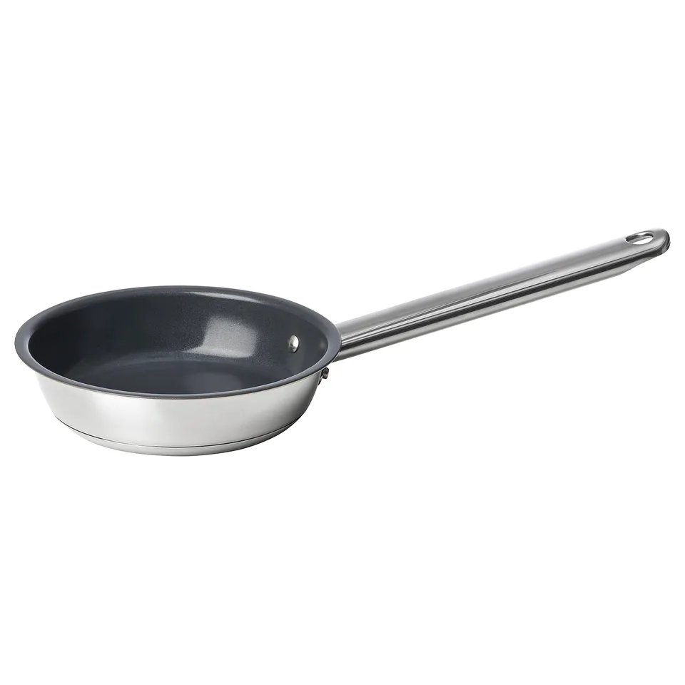 IKEA 365+ silver frying pan, sleek design, non-stick ceramic coating, stainless steel handle.