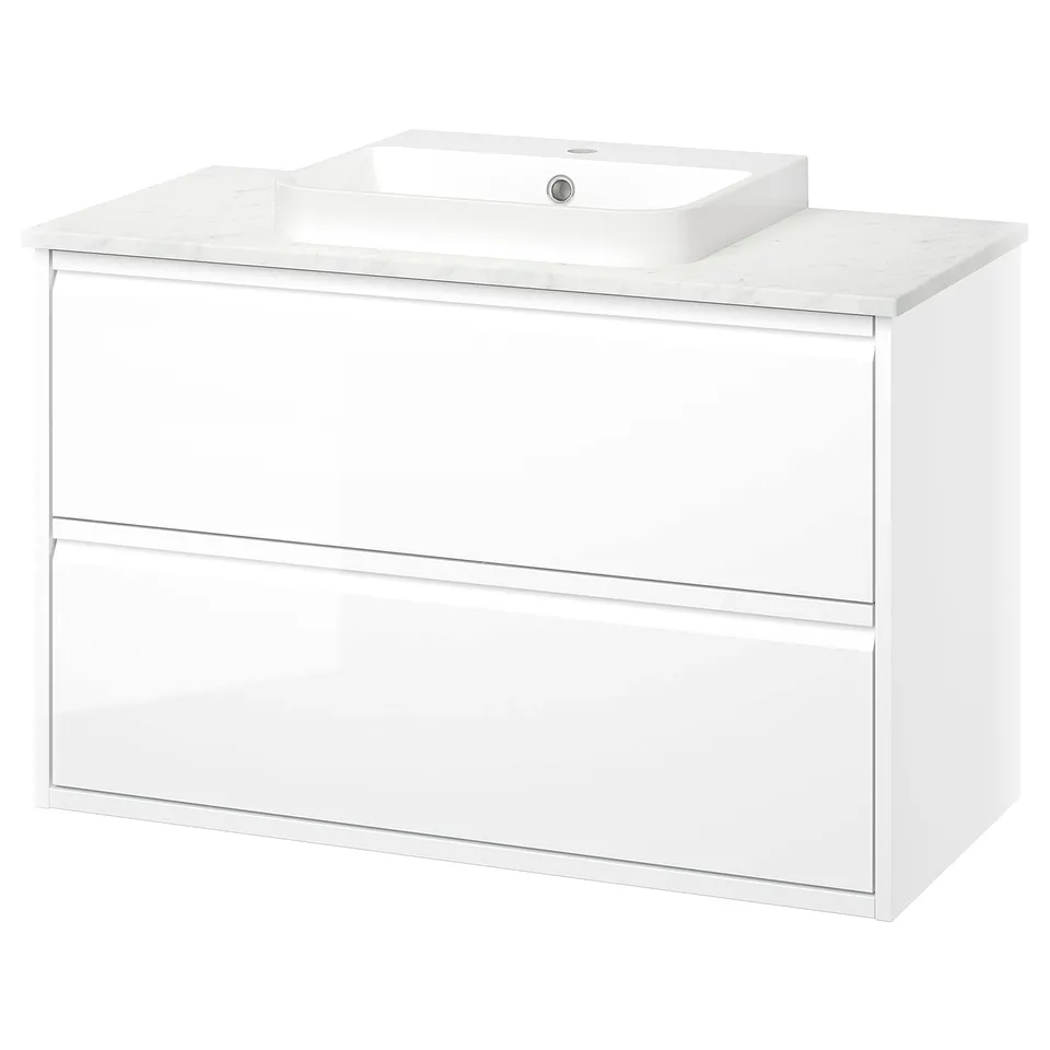 ÄNGSJÖN vanity, marble top, rectangular sink, glossy drawers with integrated handles