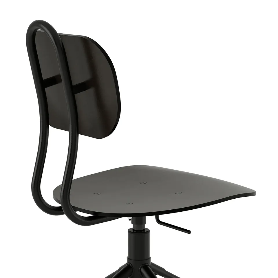 Black office chair with adjustable height and metal footrest ring.