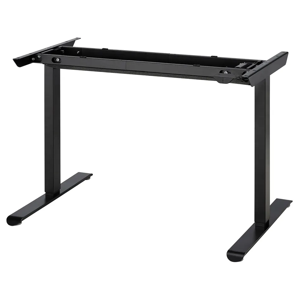 Black height-adjustable desk base with four legs and feet. Metal construction and powder coating finish. Shaped for stability and modern design.