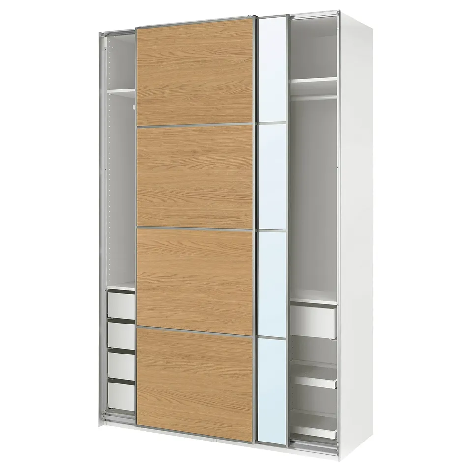 PAX / MEHAMN/AULI Wardrobe with sliding doors, white aluminium/oak effect mirror glass, 150x66x236 cm