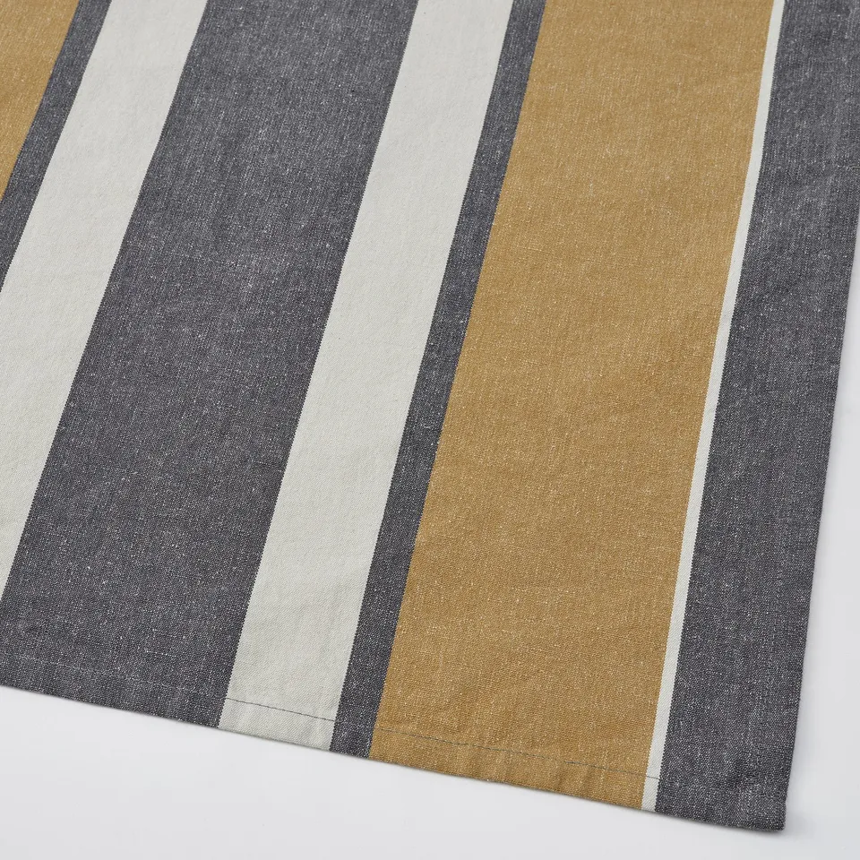 Close-up of striped dish towels in grey, white, and mustard colours, showcasing textured cotton and jute material.