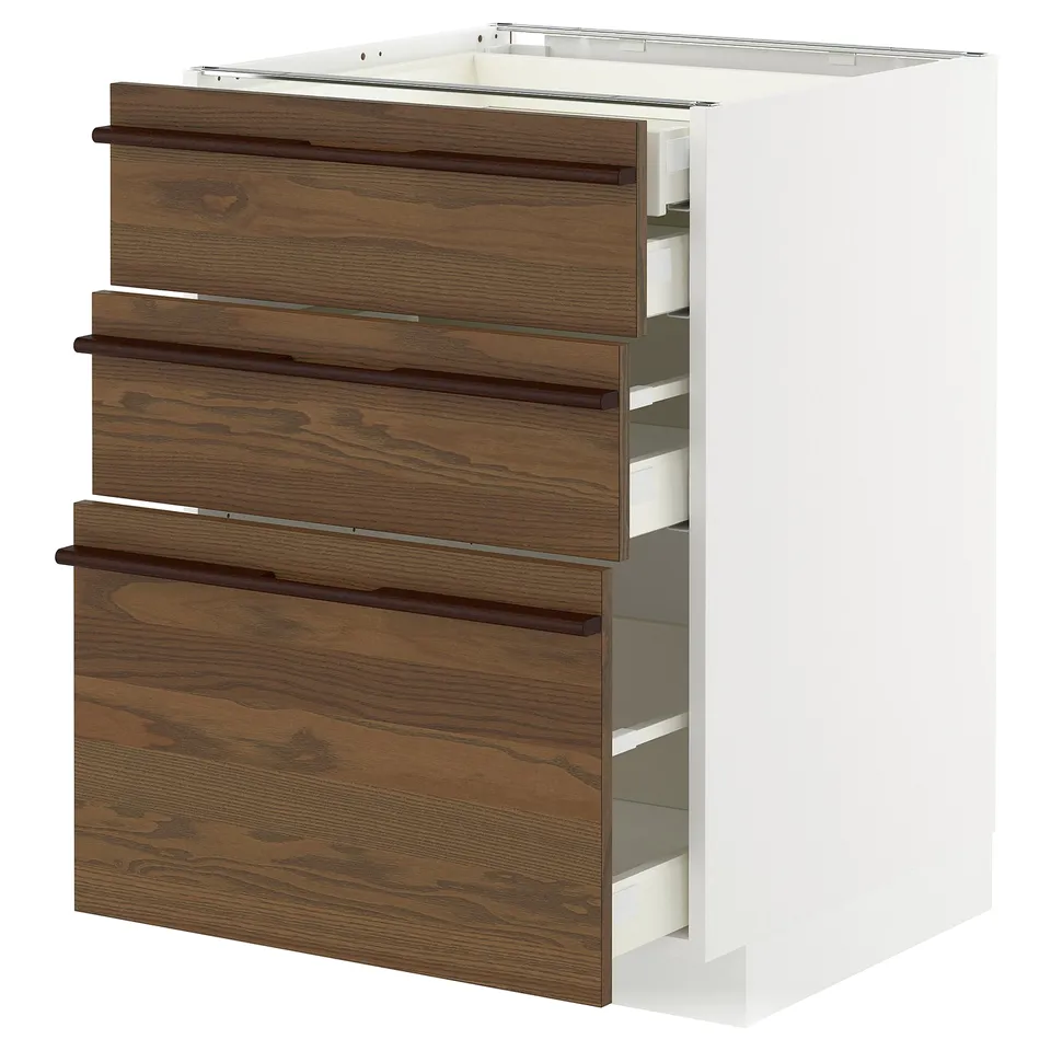 Modern kitchen unit: METOD with dark brown ash veneer drawers and white base, featuring multiple pull-out drawers.
