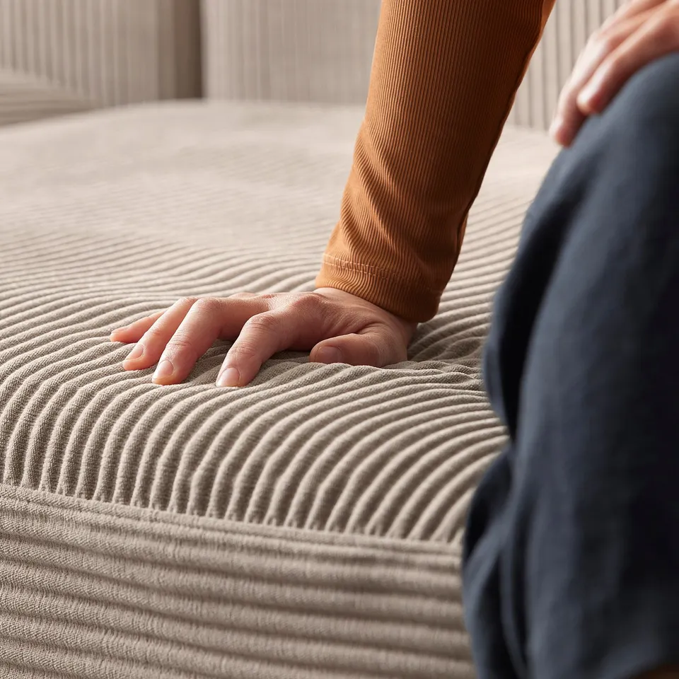 Someone touching a beige JÄTTEBO modular sofa, highlighting its soft, wavy, corduroy texture.