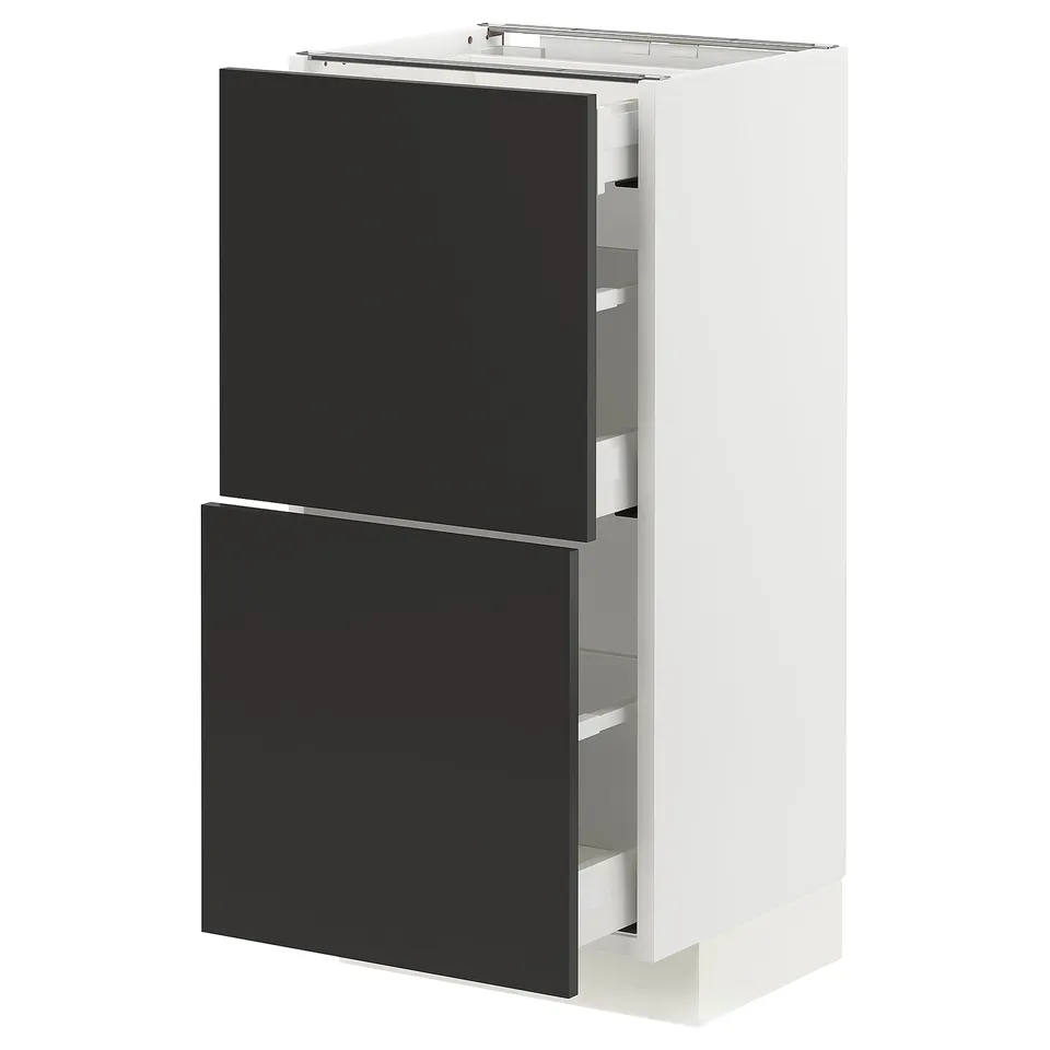 Modern kitchen cabinet, white with black drawers, sleek design, fully integrated drawers.