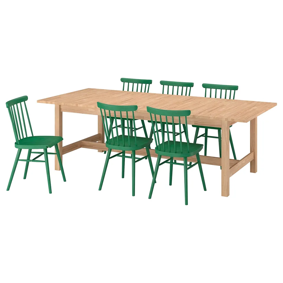 KARSKÄR / HÖGVED Table and 6 chairs, rubberwood/green, 240/300x100 cm